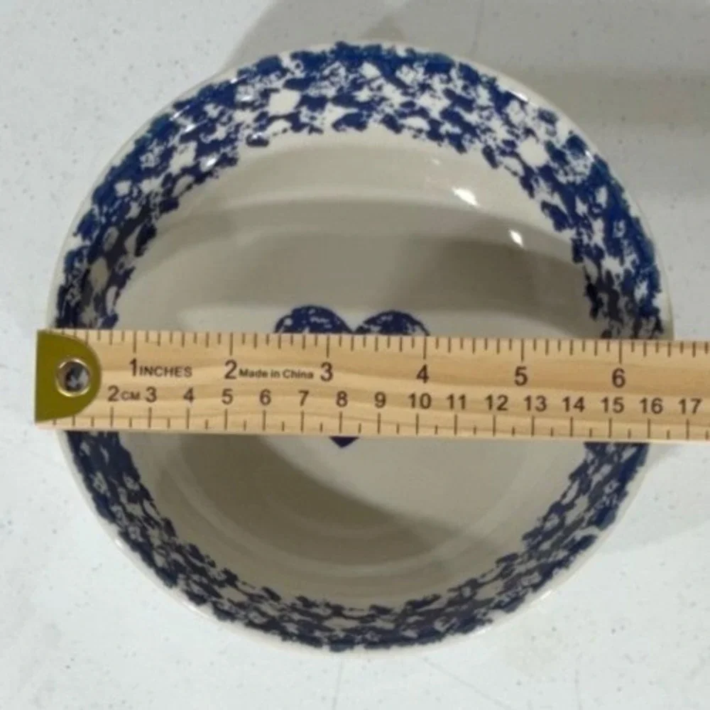 Folk Craft Heart Tienshan Soup Cereal Bowls 6.5in Blue White Spongeware Set of 2